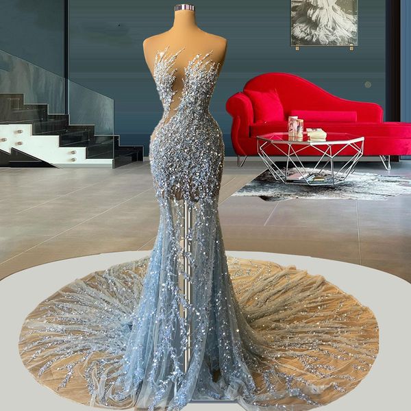 sparkly light blue evening dress strapless beading sequins mermaid prom gowns sweep train luxury dresses vestidos de novia, Black;red